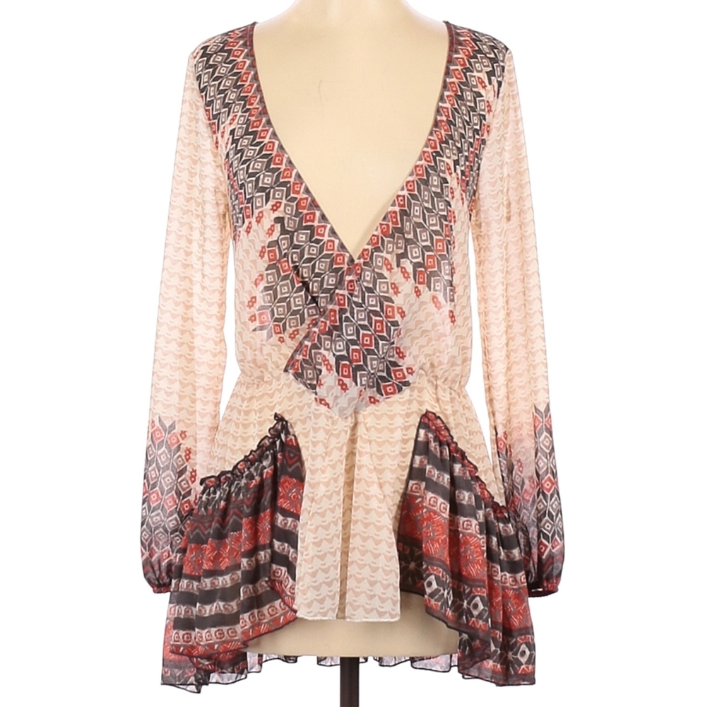 Free People Cream and Rust Printed Peplum Wrap Top